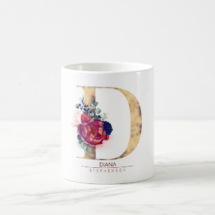 Caneca De Café D Monograma Floral Vermelho e Marinho Azul