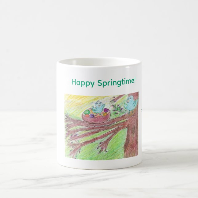 Caneca de café da primavera com bebê e passarinho  (Centro)