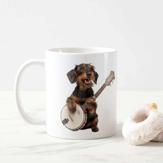 Caneca De Café Dachshund Cabelo-Fio-Frio Cute Joga Banjo (Com Donut)