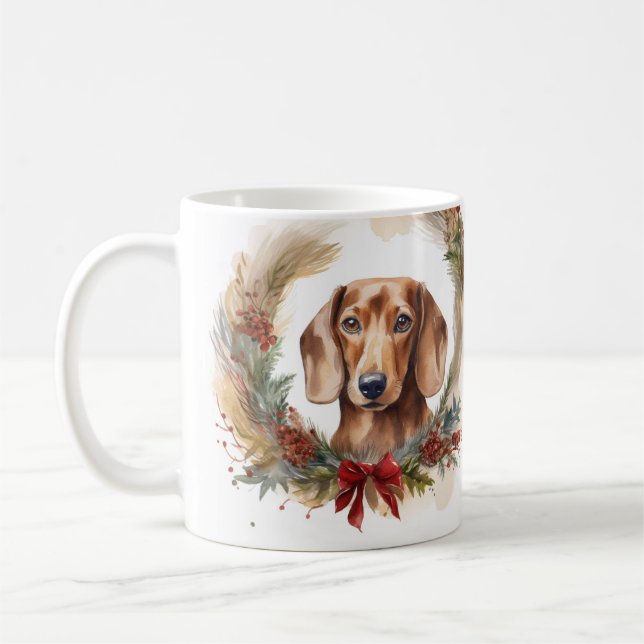 Caneca De Café Dachshund Christmas Wreath Festivo Pup (Esquerda)