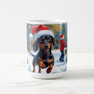 Caneca De Café Dachshund Correndo na Neve com Chapéu de Natal