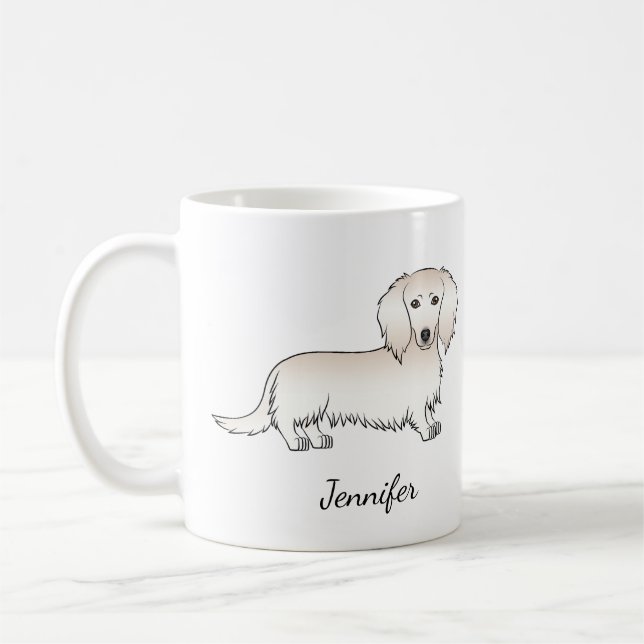 Caneca De Café Dachshund de Cabelo Longo Creme Cachorro de Desenh (Esquerda)