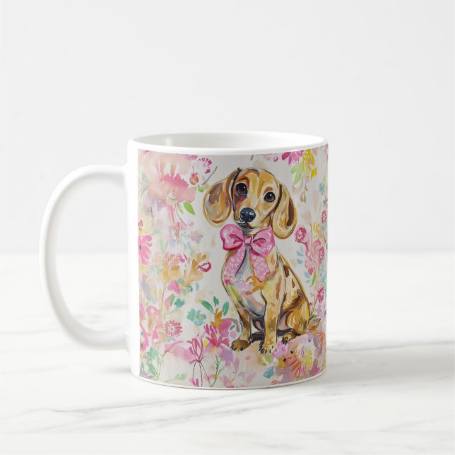 Caneca de Café Dachshund em Aquarela com Florais R (Esquerda)