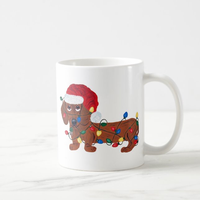 Caneca De Café Dachshund Enroscado Em Luzes De Natal (Vermelho) (Direita)