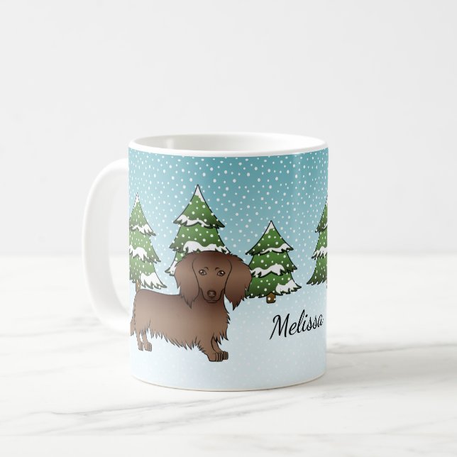 Caneca De Café Dachshund - Frota de Cabelo Longo de Chocolate - F (Frente Esquerda)