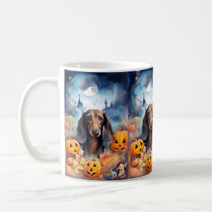 Caneca De Café Dachshund Halloween Com Pumpkins Assustado