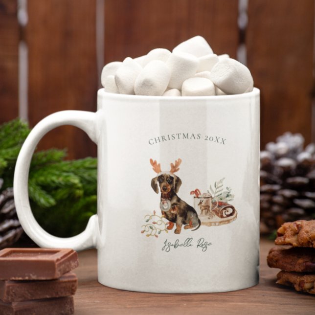 Caneca De Café Dachshund Reindeer | Monograma Natal (Criador carregado)