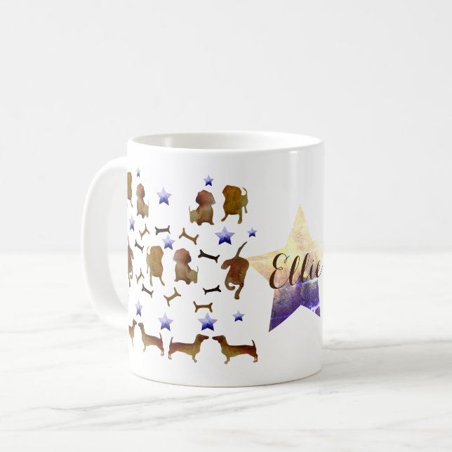Caneca De Café Dachshunds & Ossos de Cachorro Aquarela Nome Perso (Frente Esquerda)
