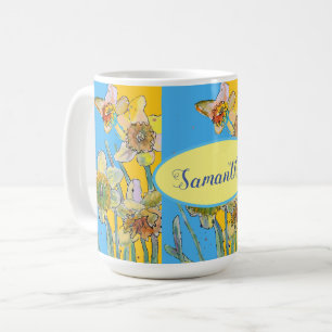 Caneca De Café Daffodil Painting Watercolor Amarelo Azul floral