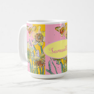 Caneca De Café Daffodil Painting Watercolor Amarelo Flor rosa