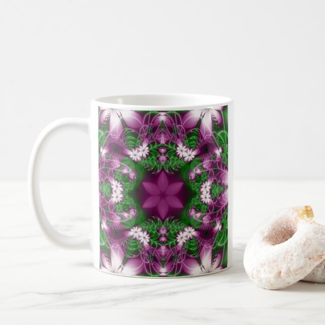 Caneca De Café Daisies | Arte Fractal Roxa e Verde (Com Donut)
