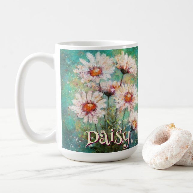 Caneca De Café Daisies Impressionistic Floral Teal Personalized (Com Donut)
