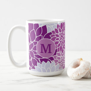 Caneca De Café Dália Floral Roxa Padrão Monograma Inicial