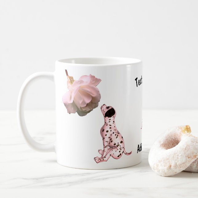 Caneca De Café Dalmaciana Puppy E Rosa Branca Personalizados (Com Donut)