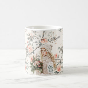 Caneca De Café Dama de Cabelo Loiro Romântico Rosas Florais de Pê