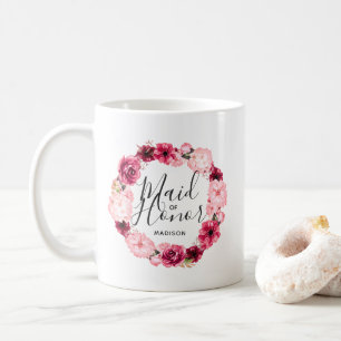 Caneca De Café Dama de Honra Chic com Grinalda Floral Burgundy &