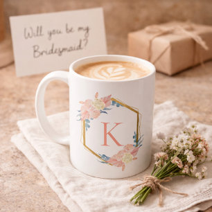 Caneca De Café Dama de Honra Coroa de Flores Pastel Monograma de 