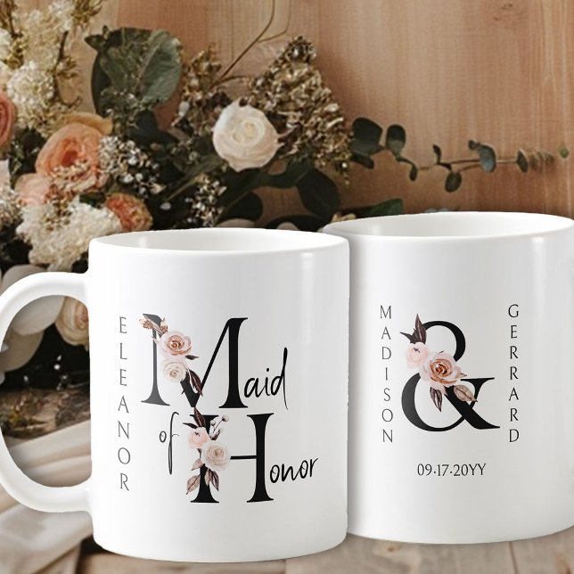 Caneca De Café Dama de Honra Floral Boho (Bridal party gift to personalize for your Maid of Honor)
