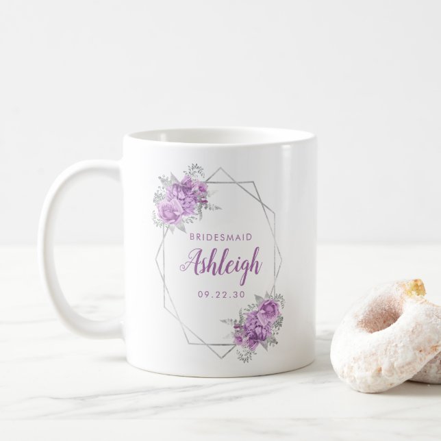 Caneca De Café Dama de Honra Moldura Geométrica Floral Lavanda Pr (Com Donut)