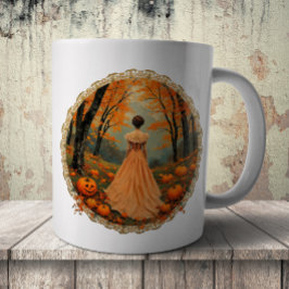Caneca De Café Dama de Outono em Renda de Floresta de Abóbora
