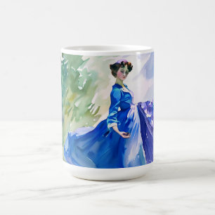 Caneca De Café Dama em Vestido Azul - Pintura em Aquarela