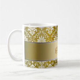 Caneca De Café Damasco amarelo do monograma e branco dourado