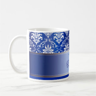 Caneca De Café Damasco azul e branco do monograma