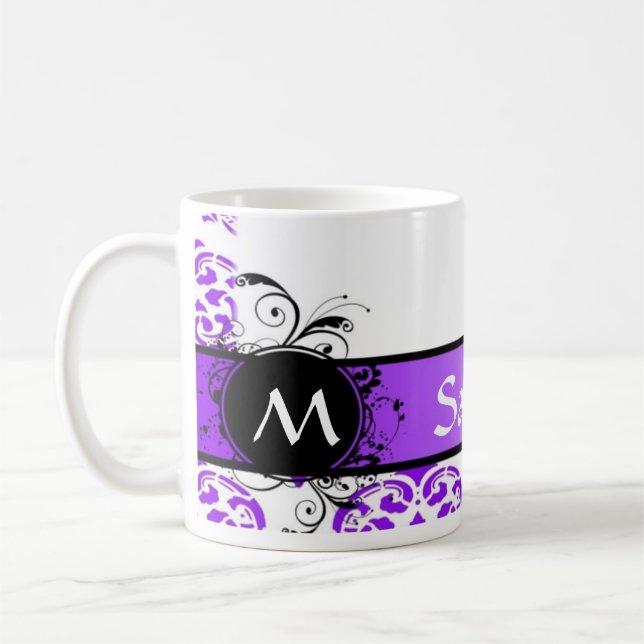 Caneca De Café Damasco e monograma roxos (Esquerda)