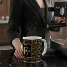 Damasco Floral Preto e Dourado Monogramado Real