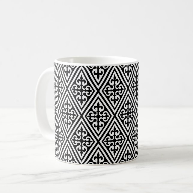 Caneca De Café Damasco medieval cruzado - Preto e Branco (Frente Esquerda)
