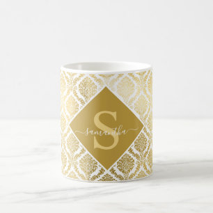 Caneca De Café Damasco Personalizado Dourado e Branco Elegante 