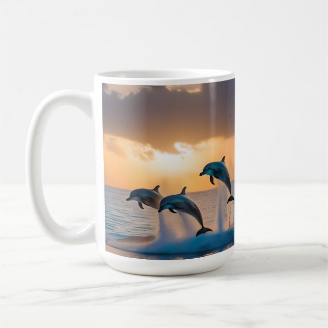 Caneca De Café Dançando no Suco: Três Golfinhos Pulando (Esquerda)