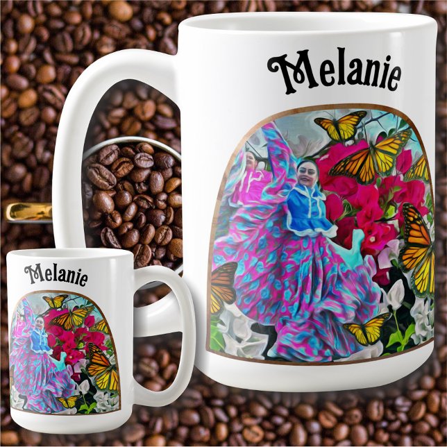 Caneca De Café Dançar com flores e borboletas PV01 (Criador carregado)