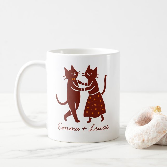 Caneca De Café Dancing Cat Couple, Cute Wedding custom name (Com Donut)