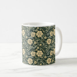 Caneca De Café Dark green stylized yellow flowers  pattern 