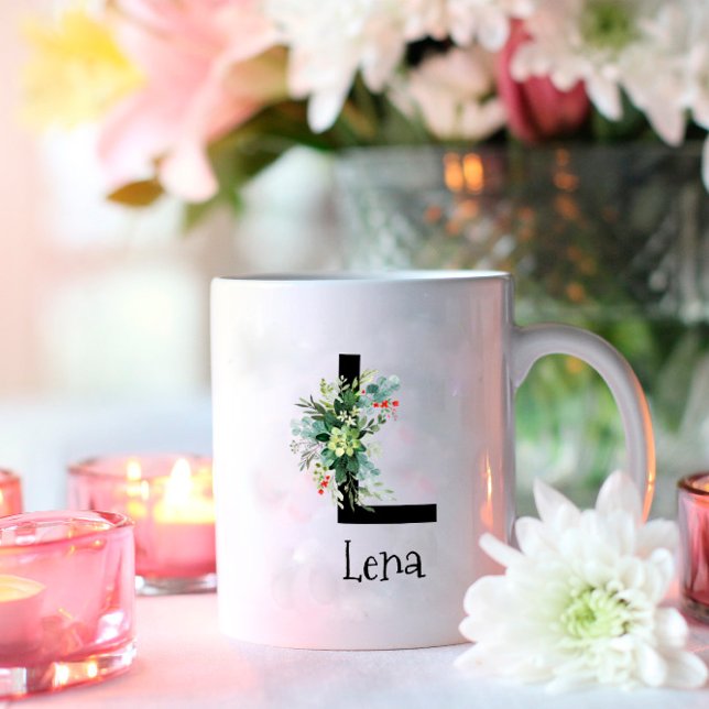 Caneca de café de aposentadoria monograma de flor  (Criador carregado)