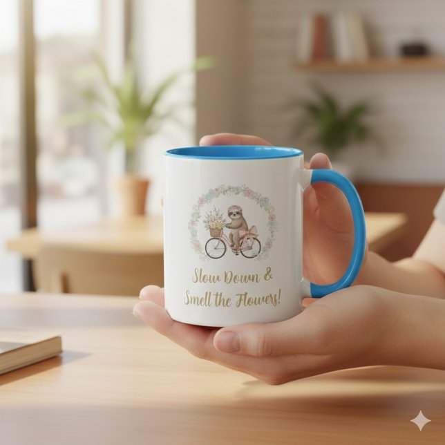 Caneca de Café de Aquarela Fofa de Preguiça & Bici (Criador carregado)