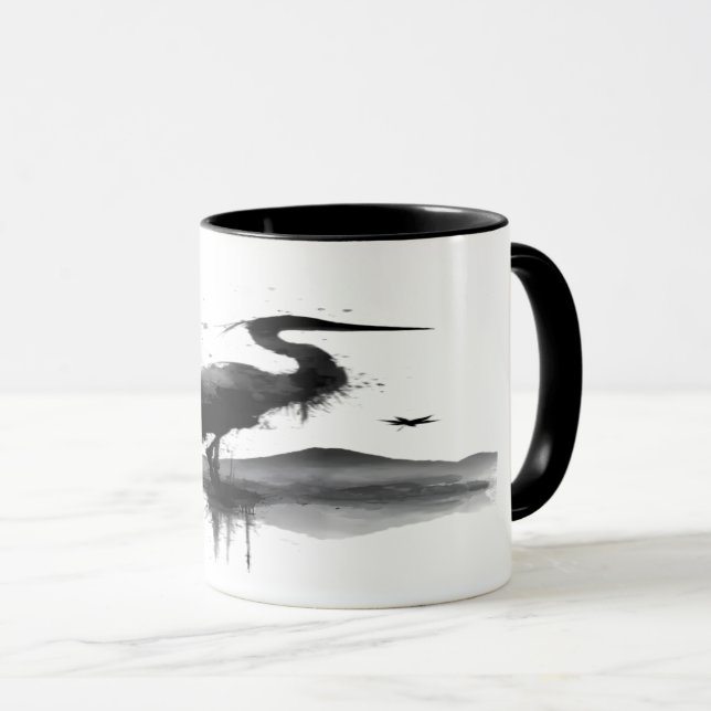 Caneca de Café de Arte Zen com Grou Sumi-e Japonês (Frente Esquerda)