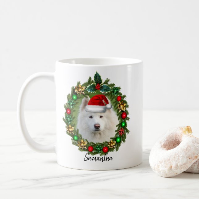Caneca de café de cachorro Samoyed no Natal (Com Donut)