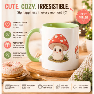 Caneca de Café de Cogumelo Kawaii Fofo – Madeira C