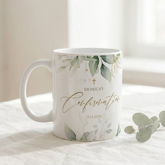 Caneca de Café de Confirmação Aquarela Verde Doura