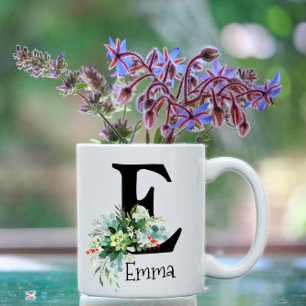 Caneca de café de eucalipto, flor vermelha, aquare