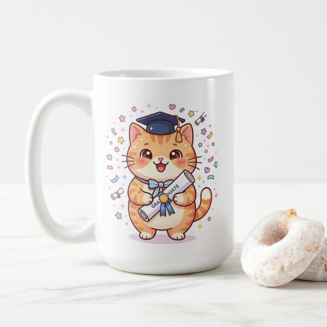 Caneca de Café de Gato de Formatura Kawaii Fofa (Com Donut)