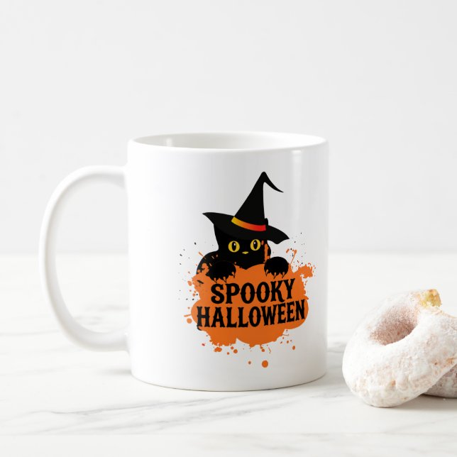 Caneca de Café de Halloween Assustadora com Gato P (Com Donut)
