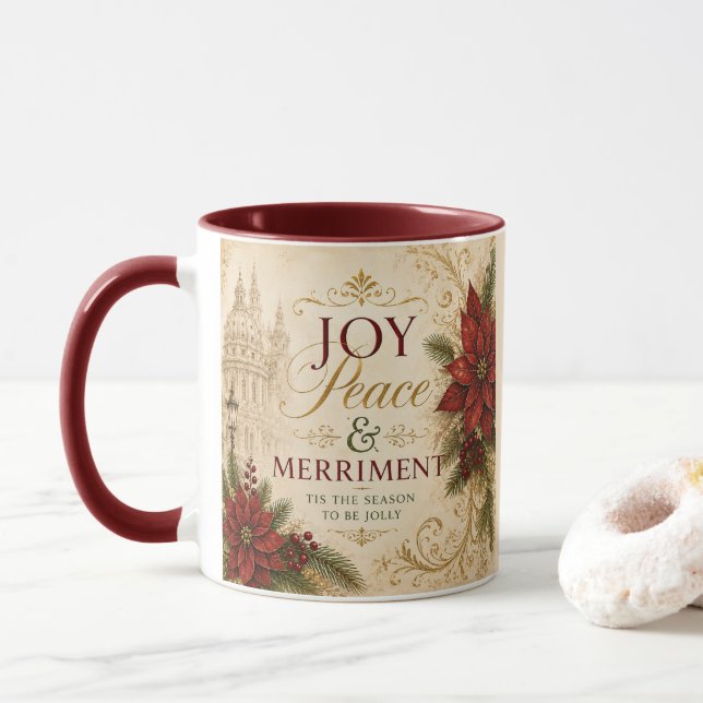 Caneca de Café de Natal Alegria Elegante Paz e Ale (Com Donut)