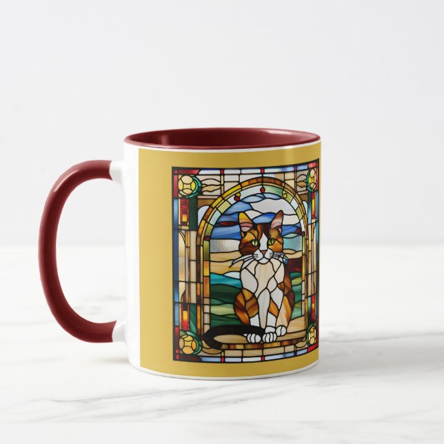 Caneca de café de vidro colorido com gato malhado  (Esquerda)