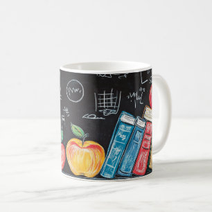Caneca De Café De volta às aulas, com livros coloridos, maçãs,