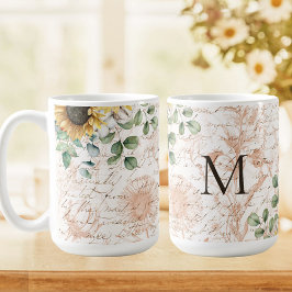 Caneca De Café Decoupage de Girassol Rústico Vintage Monogramado