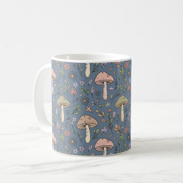 Caneca De Café Deep Slate Gray Moody Fungi Seamless Pattern (Frente Esquerda)