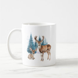 Caneca De Café Deer and doe with snowy pine tree